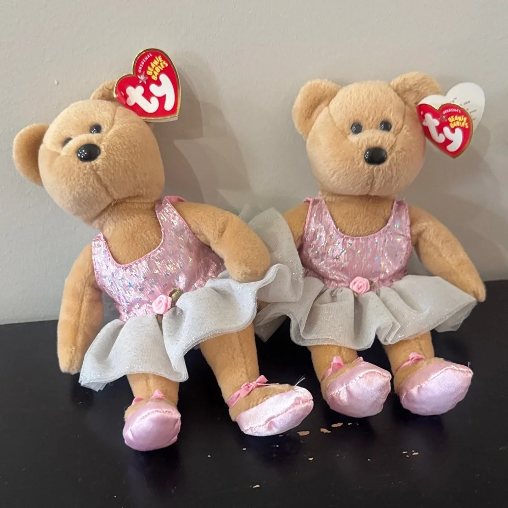 Pair of Ty Beanie Babies Pink Ballerina Bear “Prima” Plush Toy - Pink and Cream